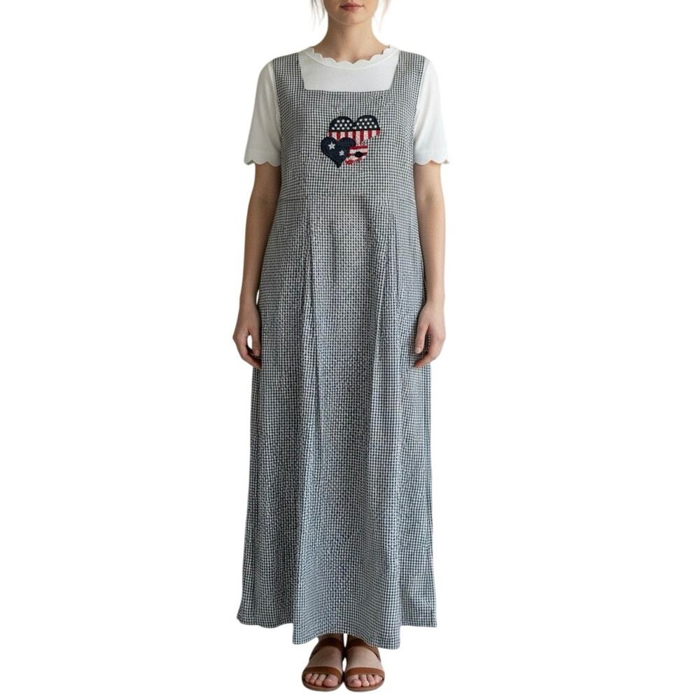 Vintage 90s Blue White Gingham Patriotic Midi Dress Pockets Size 10